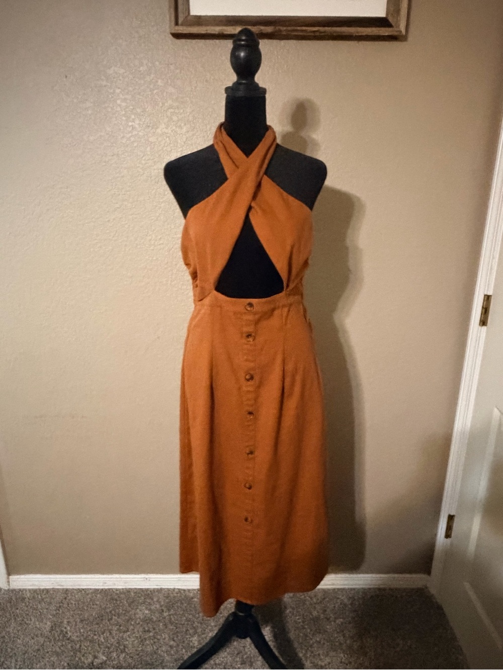 Lush Rust Cross-Halter Button-Front Midi Dress